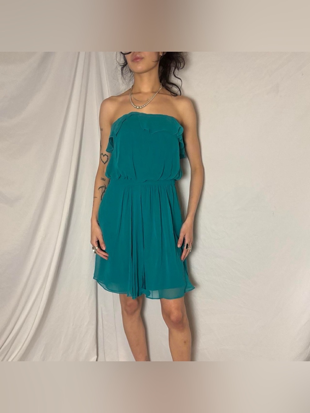 Sexy Ruffled Teal Strapless Cache Dress Size 6 - Picture 2 of 6